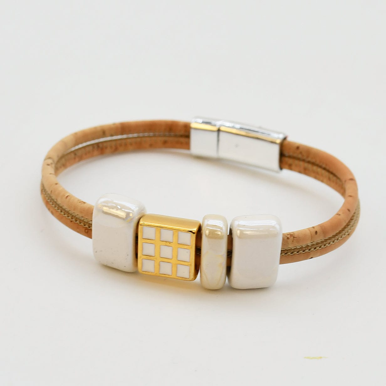 Cork Bracelet with white Beads