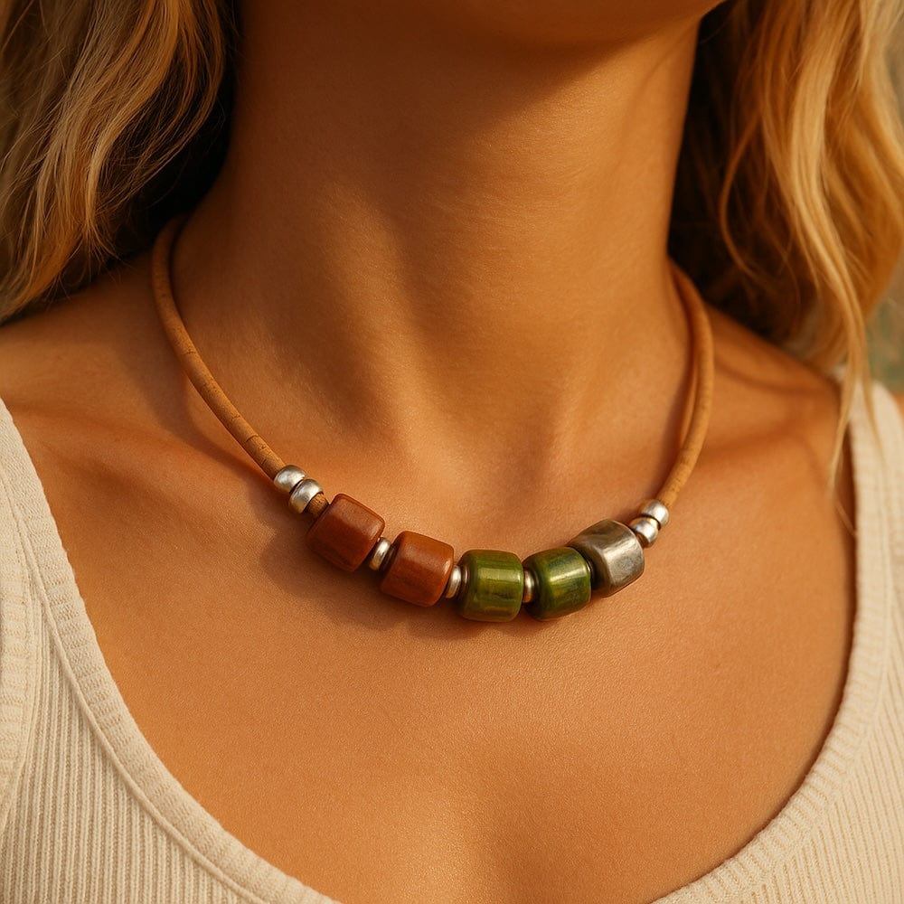 Cork Necklace with 4 Beads - Green