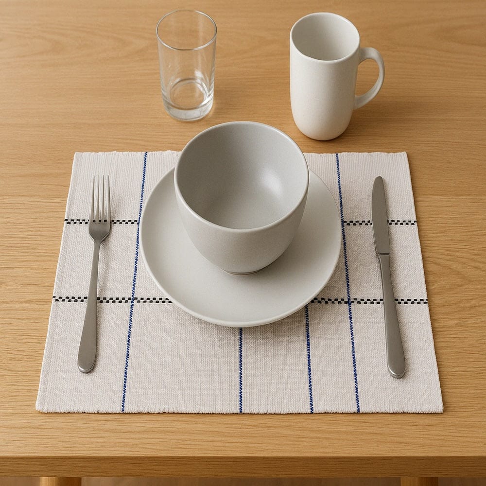 Set de table en coton recyclé - Blanc cassé & bleu