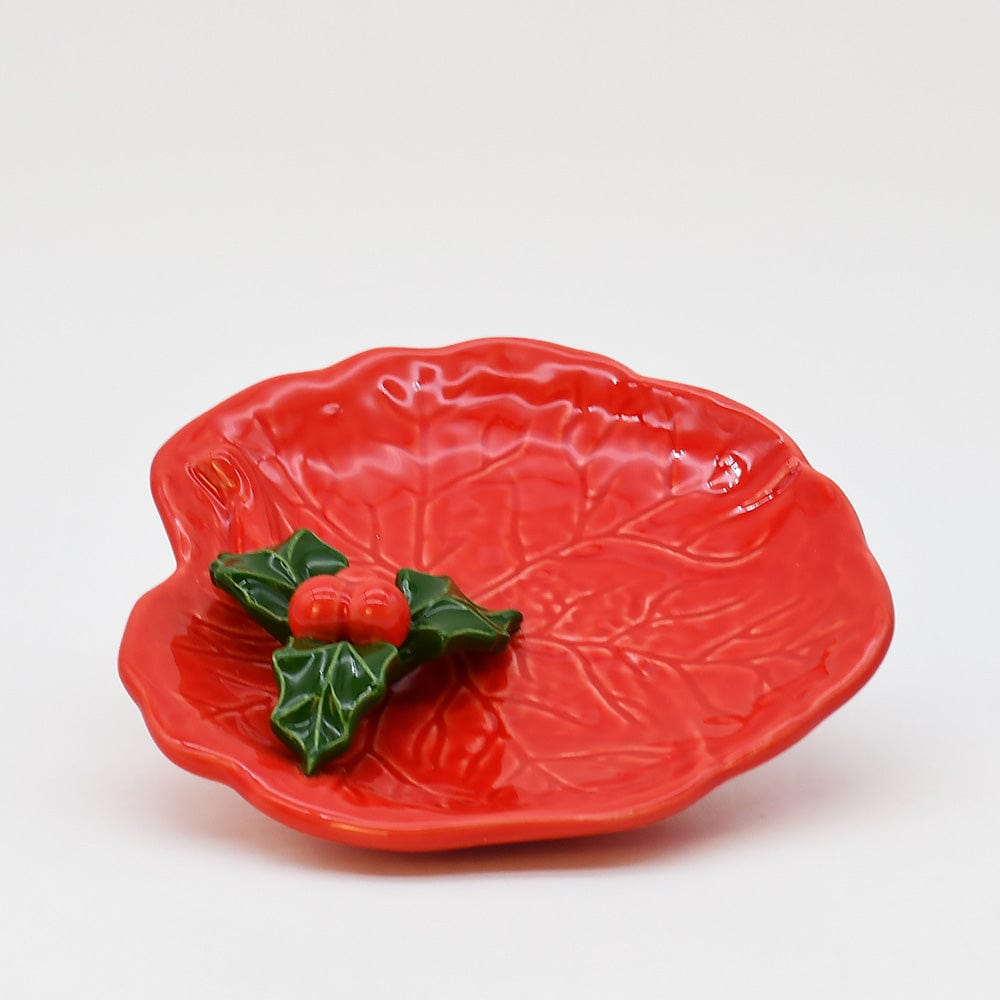 Small Ceramic Dish with a Holly Leaf - Red