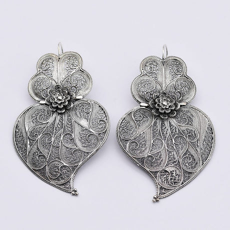 Coração de Viana I Silver Filigree Earrings 0.1 oz - 2.6"