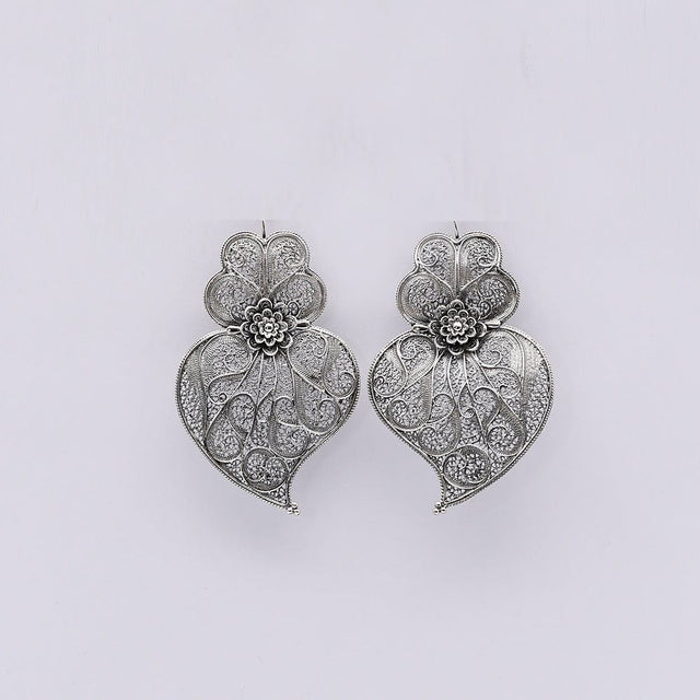 Coração de Viana I Silver Filigree Earrings 0.1 oz - 2.6"