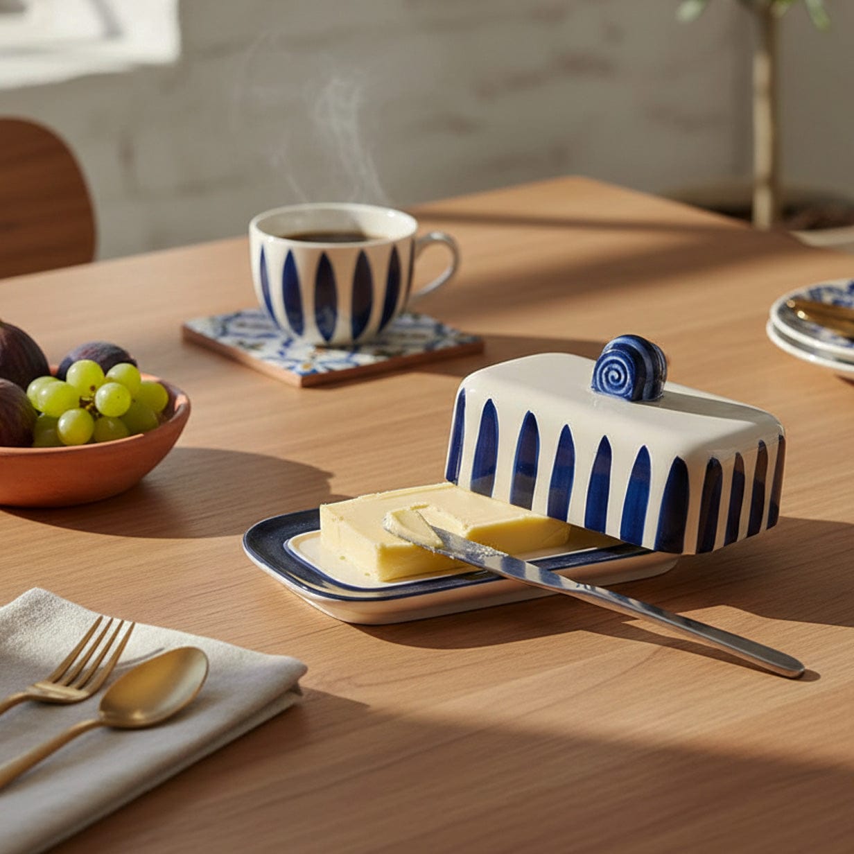 Costa Nova Mar I Striped Ceramic Butter Dish - Blue