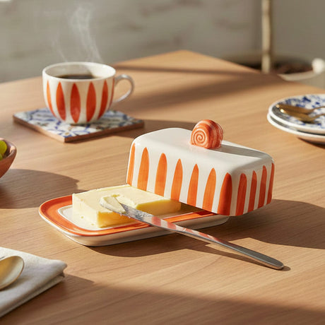 Costa Nova Mar I Striped Ceramic Butter Dish - Orange