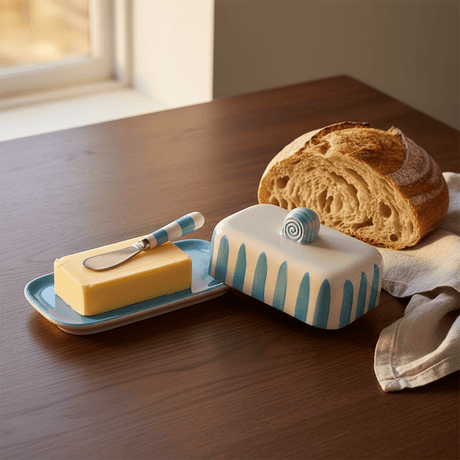 Costa Nova Mar I Striped Ceramic Butter Dish - Turquoise