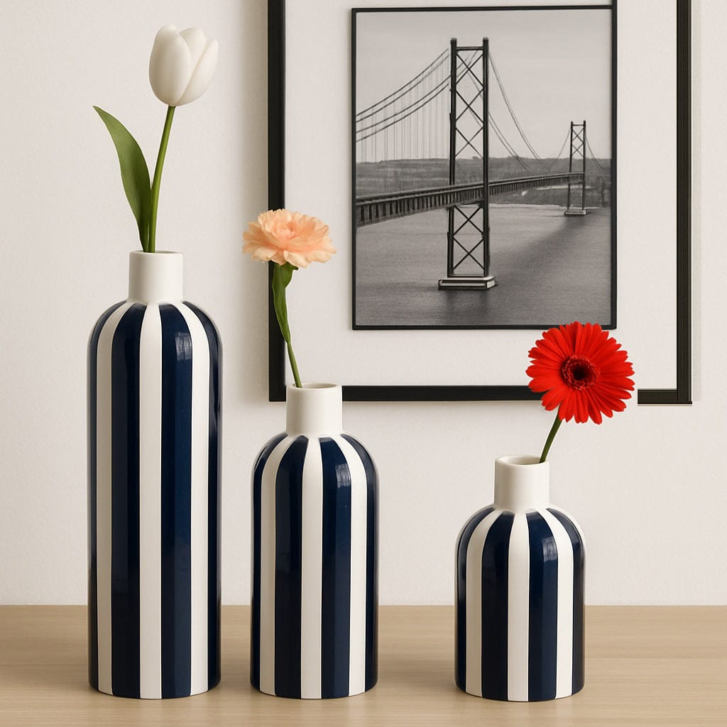 Costa Nova Mar I Striped Ceramic Vase - Blue