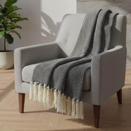 Herringbone I Cotton Fringed Blanket - Black