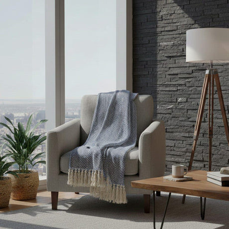 Herringbone I Cotton Fringed Blanket - Blue