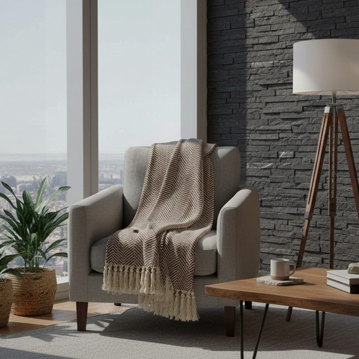 Herringbone I Cotton Fringed Blanket - Camel