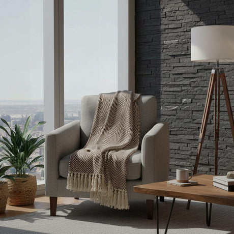 Herringbone I Cotton Fringed Blanket - Camel