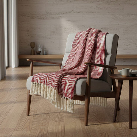 Herringbone I Cotton Fringed Blanket - Dark red