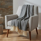 Herringbone I Cotton Fringed Blanket - Grey