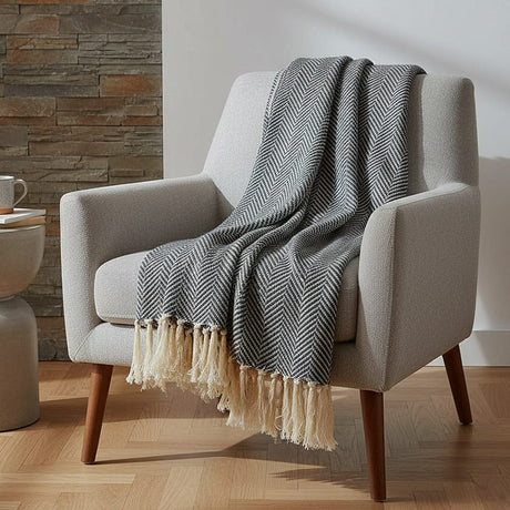 Herringbone I Cotton Fringed Blanket - Grey