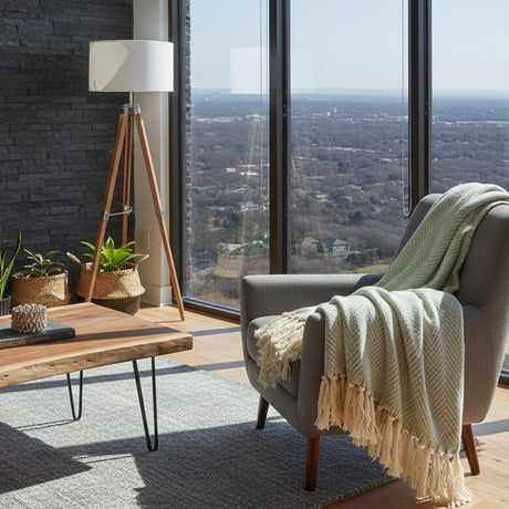 Herringbone I Cotton Fringed Blanket - Light Green