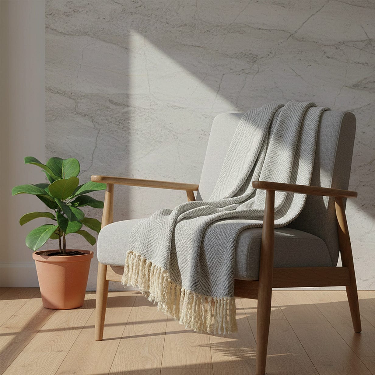 Herringbone I Cotton Fringed Blanket - Light Grey