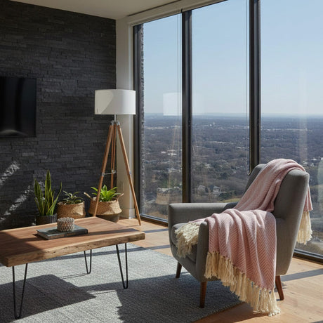 Herringbone I Cotton Fringed Blanket - Pink