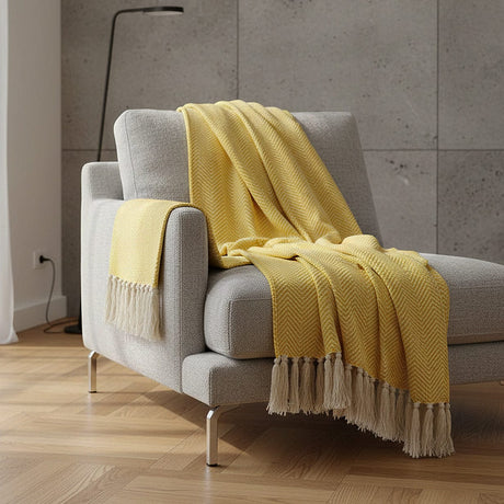 Herringbone I Cotton Fringed Blanket - Yellow