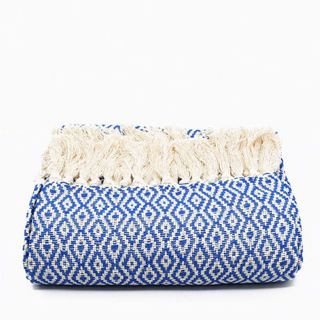 Losango I Cotton Fringed Blanket - Blue