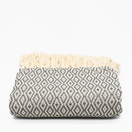 Losango I Cotton Fringed Blanket - Dark grey