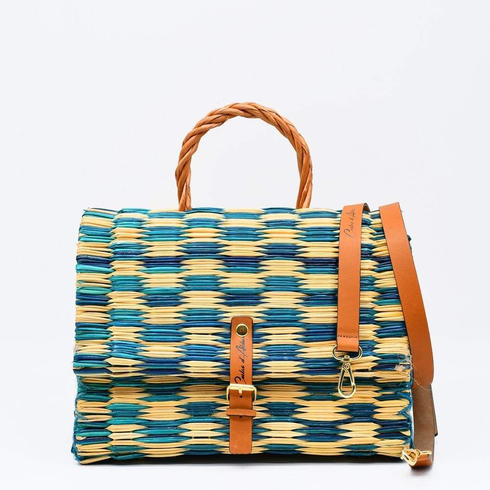 Sac cartable en jonc 25cm - Turquoise & naturel