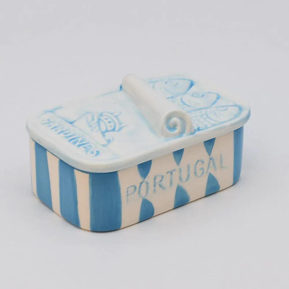 Sardinhas I Striped Ceramic Box - Turquoise