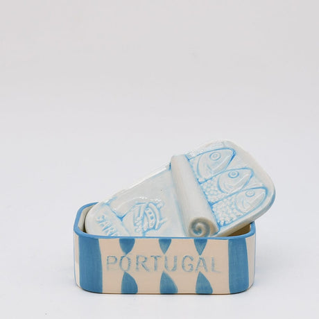 Sardinhas I Striped Ceramic Box - Turquoise