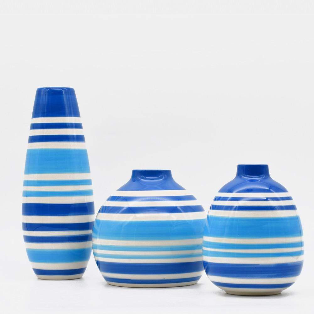 Set of 3 Striped Ceramic Vases - Blue