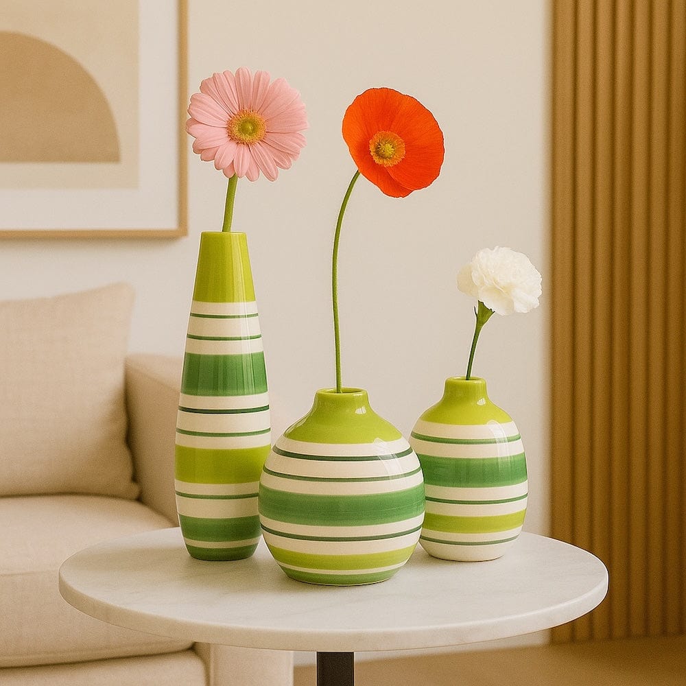 Set of 3 striped ceramic Vases - Green